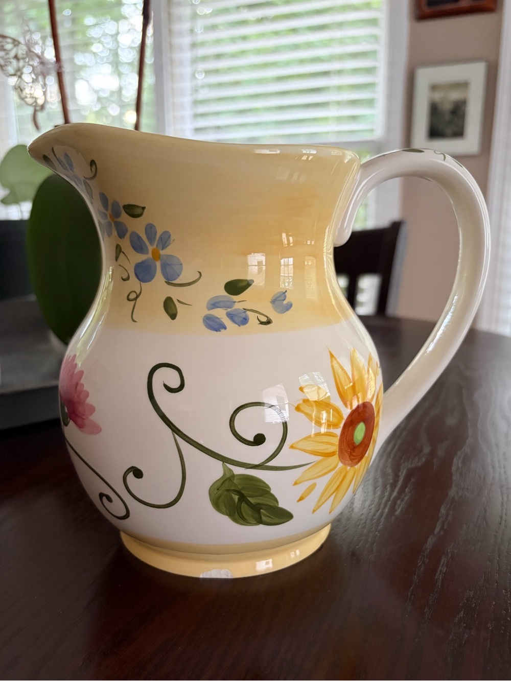 FTD Floral Ceramic Pitcher Glossy White/Yellow Handle Spout.